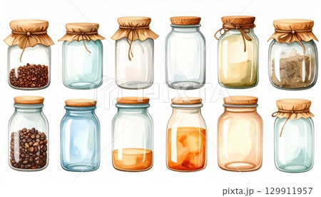 Collection of Watercolor Glass Jars with Various Contents and Cork Lids Collection of Watercolor Glass Jars with Various Contents and Cork Lids 129911957