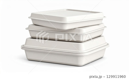 Stack of Takeout Containers White Background Disposable Food Packaging 129911960