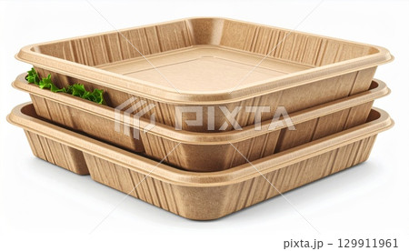 Stack of Brown Rectangular Disposable Food Containers on White Background 129911961
