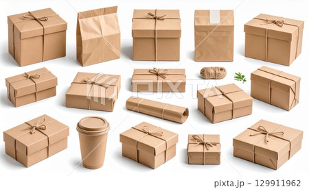 Assortment of Brown Paper Packages and Boxes Tied with String on White 129911962