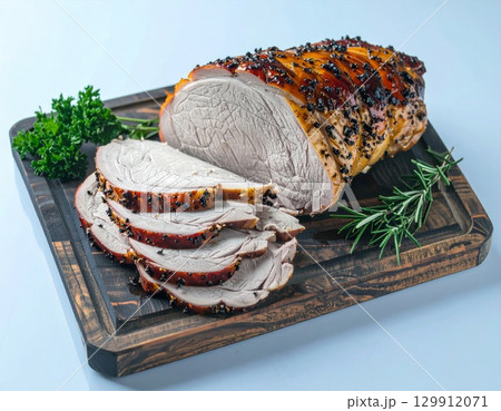 Sliced Roast Pork Loin with Herbs Garnishing on Dark Wooden Cutting Board Still Life 129912071