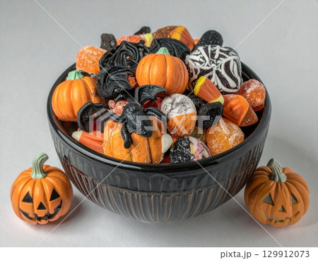 Bowl Filled with Halloween Candy Corn and Pumpkin Figurines on White Surface 129912073