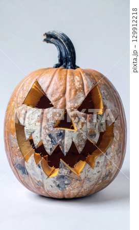 Carved Orange Halloween Pumpkin with Spooky Face on Neutral Background Decoration 129912218