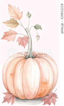Watercolor Pumpkin with Autumn Leaves in Pastel Tones Still Life Illustration 129912219