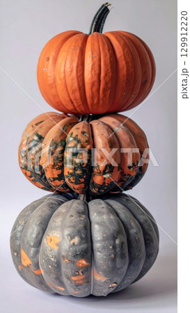 Stacked Orange and Gray Pumpkins in Vertical Still Life Arrangement for Autumn Harvest 129912220