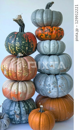 Stacked Pumpkins in Autumn Colors for Thanksgiving and Halloween Decorations 129912221
