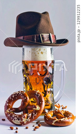 Hat over Glass of Amber Beer with Tasty Pretzels and Almonds on Bright Background 129912235
