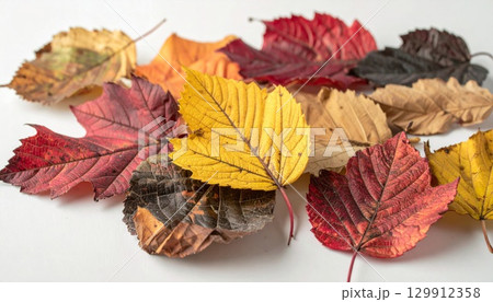 Pile of Multicolored Autumn Leaves Displaying Fall Colors on White Background 129912358