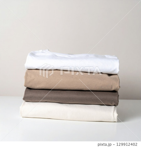 Stack of Folded Beige White and Brown Linen on a White Tabletop Neutral Backdrop 129912402