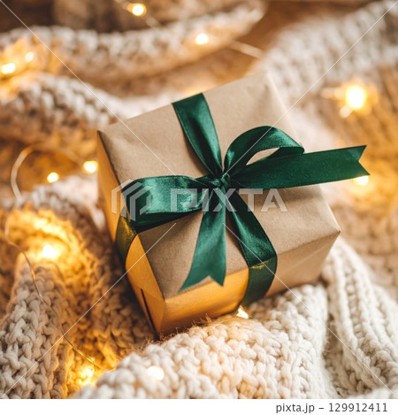 Wrapped Gift Box with Green Ribbon on a Knitted Blanket and String Lights 129912411