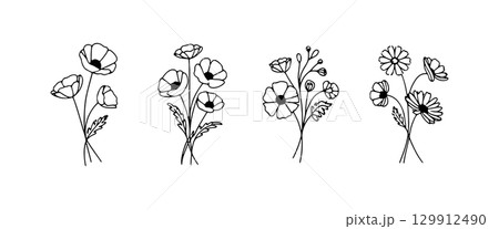 Elegant black and white floral illustrations featuring various flower types suitable for decoration and design Elegant black and white floral illustrations featuring various flower types suitable for decoration and design 129912490