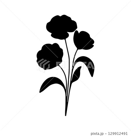 Black silhouette of three flowers with leaves in a minimalist design on a white background showcasing elegance in simplicity 129912491