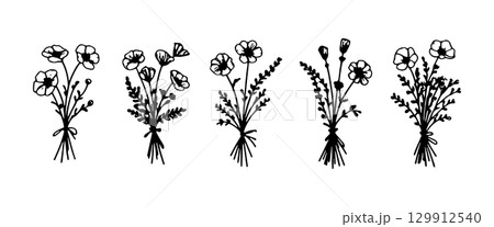 Floral illustrations showcasing a variety of flower bouquets with detailed line art and unique designs for decoration and craft projects Floral illustrations showcasing a variety of flower bouquets with detailed line art and unique designs for decoration and craft projects 129912540