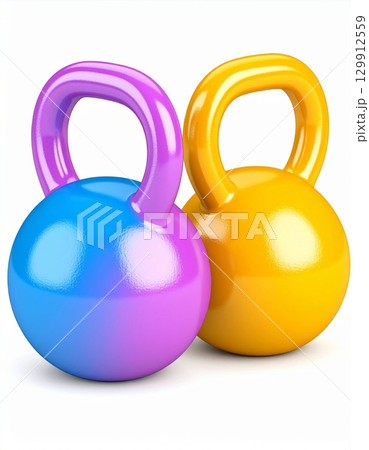 Two Kettlebells Blue Purple and Yellow Color Weights Isolated on White Background Two Kettlebells Blue Purple and Yellow Color Weights Isolated on White Background 129912559