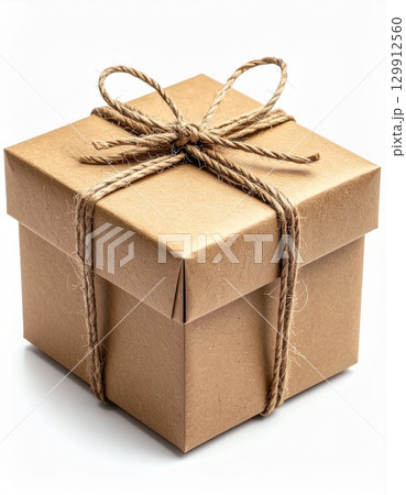 Square Brown Cardboard Gift Box Tied with Twine String on White Background Square Brown Cardboard Gift Box Tied with Twine String on White Background 129912560