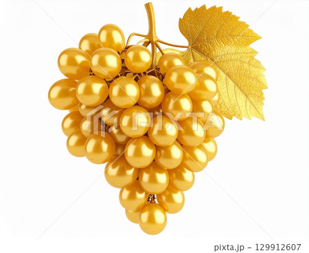 Golden Grapes Bunch with Metallic Shine Isolated on White Background Studio Shot 129912607