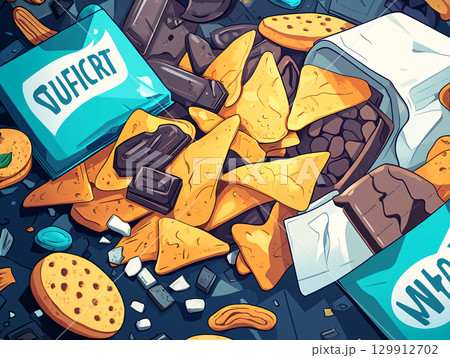 Unhealthy Snack. Chaotic pile of unhealthy snacks, such as potato chips, cookies,  Art background. AI Generated. 129912702