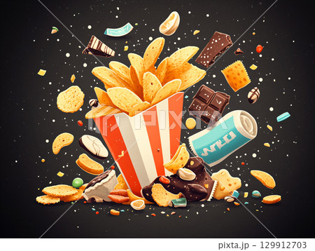 Unhealthy Snack. Chaotic pile of unhealthy snacks, such as potato chips, cookies,  Art background. AI Generated. 129912703