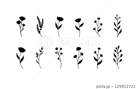 Whimsical Mini Flowers. A lively group of varied small flower icons with playful shapes and organic balance, ideal for fun and casual designs. 129912721