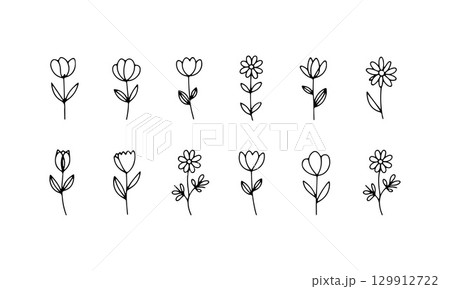 Various hand-drawn floral designs showcasing different types of flowers arranged in two rows on a white background 129912722