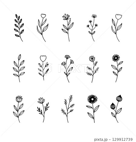 Whimsical Mini Flowers. A lively group of varied small flower icons with playful shapes and organic balance, ideal for fun and casual designs. 129912739