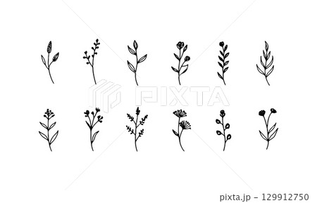 Whimsical Mini Flowers. A lively group of varied small flower icons with playful shapes and organic balance, ideal for fun and casual designs. 129912750