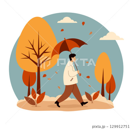 Autumn young Man with umbrella walking under falling leaves in fall park. Autumnal landscape with colorful trees. Vector illustration. Not AI 129912751