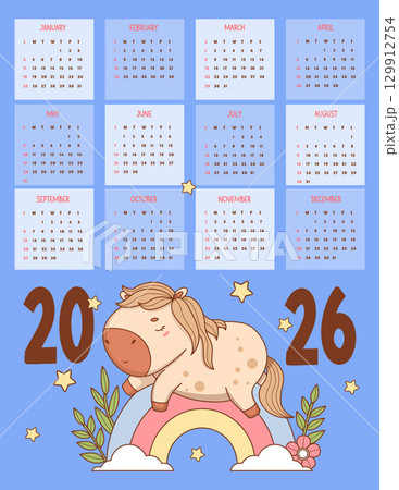 2026 annual calendar. Cute Sleeping Horse on Rainbow. Funny kawaii animal. Vector vertical Yearly template in English. Week on Sunday. Symbol year to Eastern calendar. Planner for Kids. Not AI 129912754