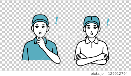 Surprised male and female delivery staff avatar set Surprised male and female delivery staff avatar set 129912794