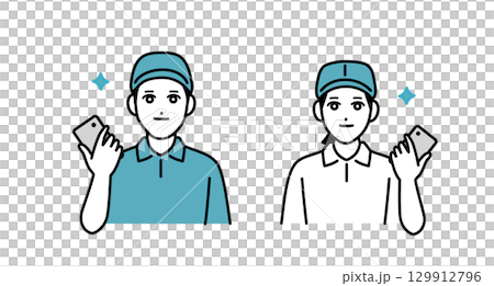 Male and female delivery staff with smartphones Male and female delivery staff with smartphones 129912796