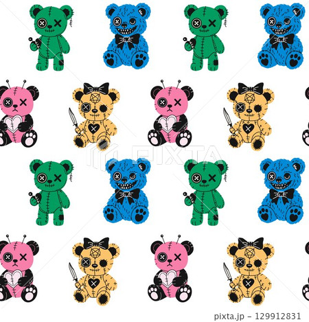 Seamless Pattern with Halloween Plush Bear Characters with Stitches and Buttons 129912831