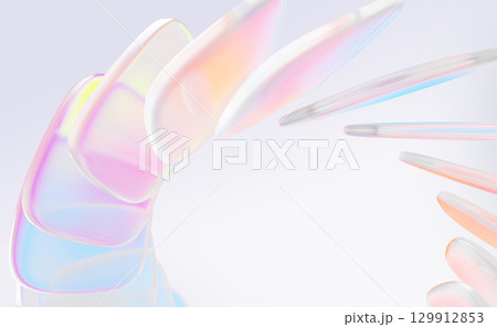 Abstract geometric 3d background with glass square plates row, pearlescent rainbow gradient. Holographic iridescent ribbon with circular effect in pink, blue and yellow colors render. 3D illustration 129912853