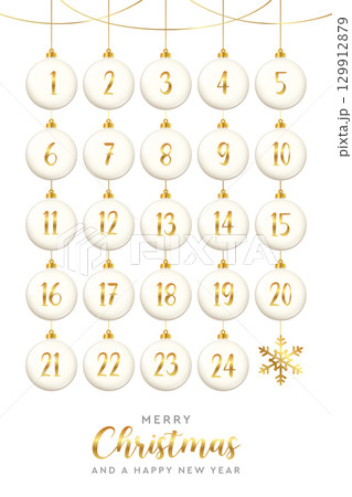 advent calendar with hanging christmas balls in white and golden colors vector illustration 129912879