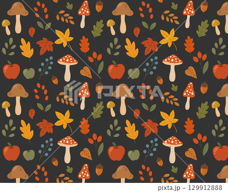 Autumn pattern made of leaves, berries, and mushrooms. Vector illustration 129912888