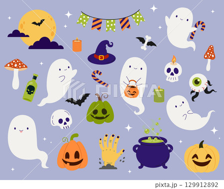 A set of cute characters. Cute ghosts and other Halloween elements. Vector illustration in flat style 129912892