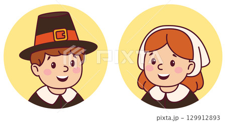 Cute pilgrim portraits. Thanksgiving design. Vector illustration 129912893