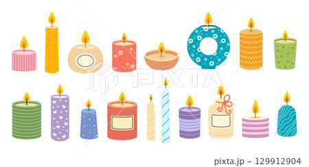 A cosy home decor set with wax candles. Aromatherapy. Flat vector illustration isolated on a white background A cosy home decor set with wax candles. Aromatherapy. Flat vector illustration isolated on a white background 129912904