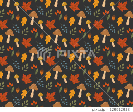 Autumn pattern made of leaves, berries, and mushrooms. Vector illustration 129912938