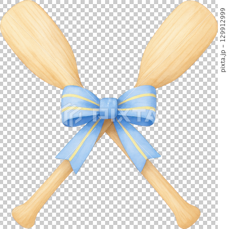 Fisherman aesthetic wooden oars crossed with a decorative blue ribbon bow 129912999