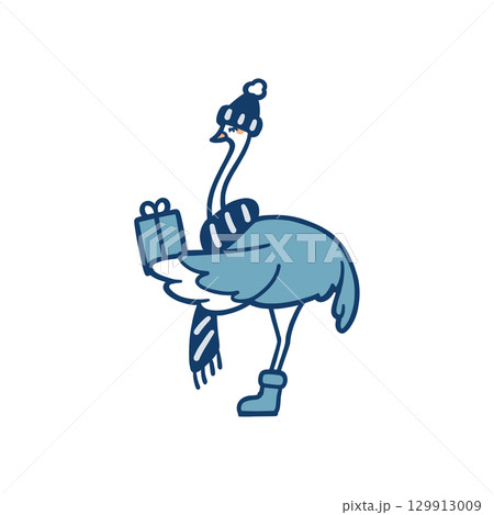 寒い中でプレゼントを持って立っている横向きダチョウのカラーイラスト 129913009