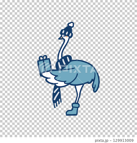 Color illustration of a sideways ostrich standing in the cold with a gift 129913009