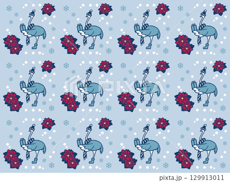 背景付き雪降る中ポインセチアが咲く場所でプレゼントを持って待っているダチョウのパターンイラスト 背景付き雪降る中ポインセチアが咲く場所でプレゼントを持って待っているダチョウのパターンイラスト 129913011