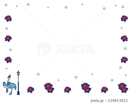 雪降る中ポインセチアが咲く場所でプレゼントを持って待っているダチョウのフレームイラスト 雪降る中ポインセチアが咲く場所でプレゼントを持って待っているダチョウのフレームイラスト 129913012