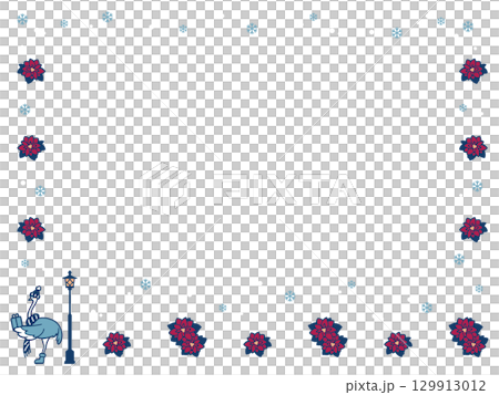 雪降る中ポインセチアが咲く場所でプレゼントを持って待っているダチョウのフレームイラスト 雪降る中ポインセチアが咲く場所でプレゼントを持って待っているダチョウのフレームイラスト 129913012