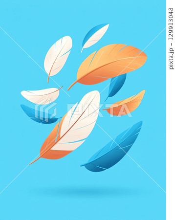 Group of a white bird feathers floating in the air, blue background. AI Generated. 129913048