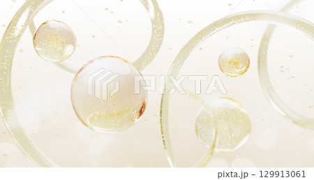 Oil drops texture with wave and splash. Cosmetic yellow 3d background with gold liquid gel cream bubbles. Serum, hyaluronic acid, retinol, keratin, honey mask for skin and hair care. 3D illustration 129913061