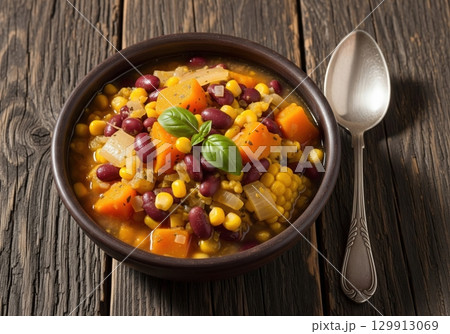 Chilean porotos granados a traditional stew with beans corn and squash in a rustic bowl 129913069
