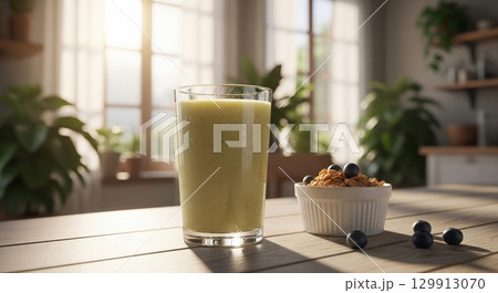 Traditional colombian fruit batido smoothie with fresh blueberries and cereal for breakfast 129913070