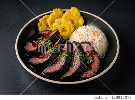 Traditional colombian posta negra beef with coconut rice and fried plantains patacones 129913072