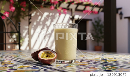 Creamy passion fruit mousse served in a glass on a tiled table in a sunny mediterranean patio 129913073